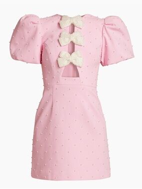 Rebecca Vallance Pink Pearl-Bow Puff Sleeve Mini Dress